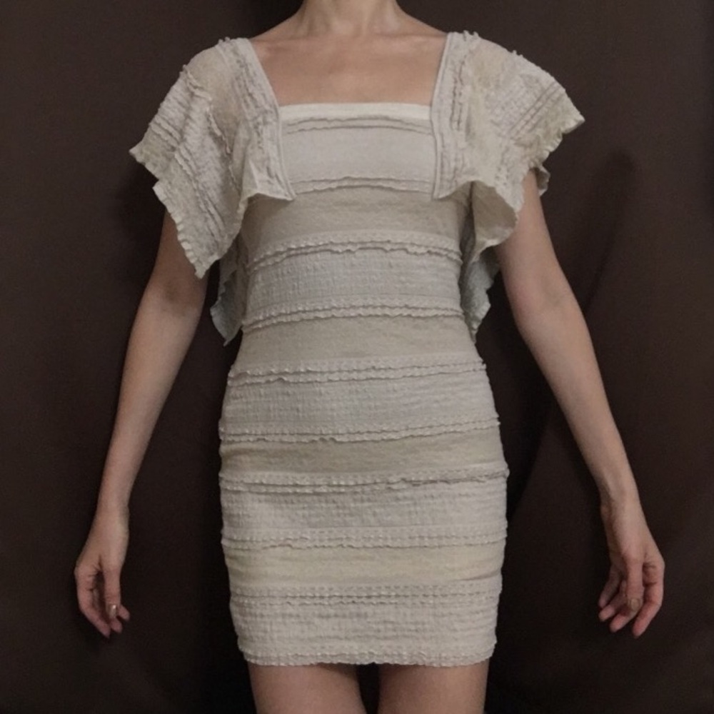 Backstage Australia Nude/beige lace bodycon ruffle lined sheer mini dress XS